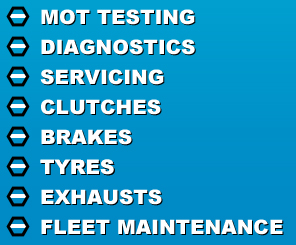 MOT, Testing, Diagnostics, Servicing, Clutches, Brakes, Tyres, Exhausts, Fleet Maintenance